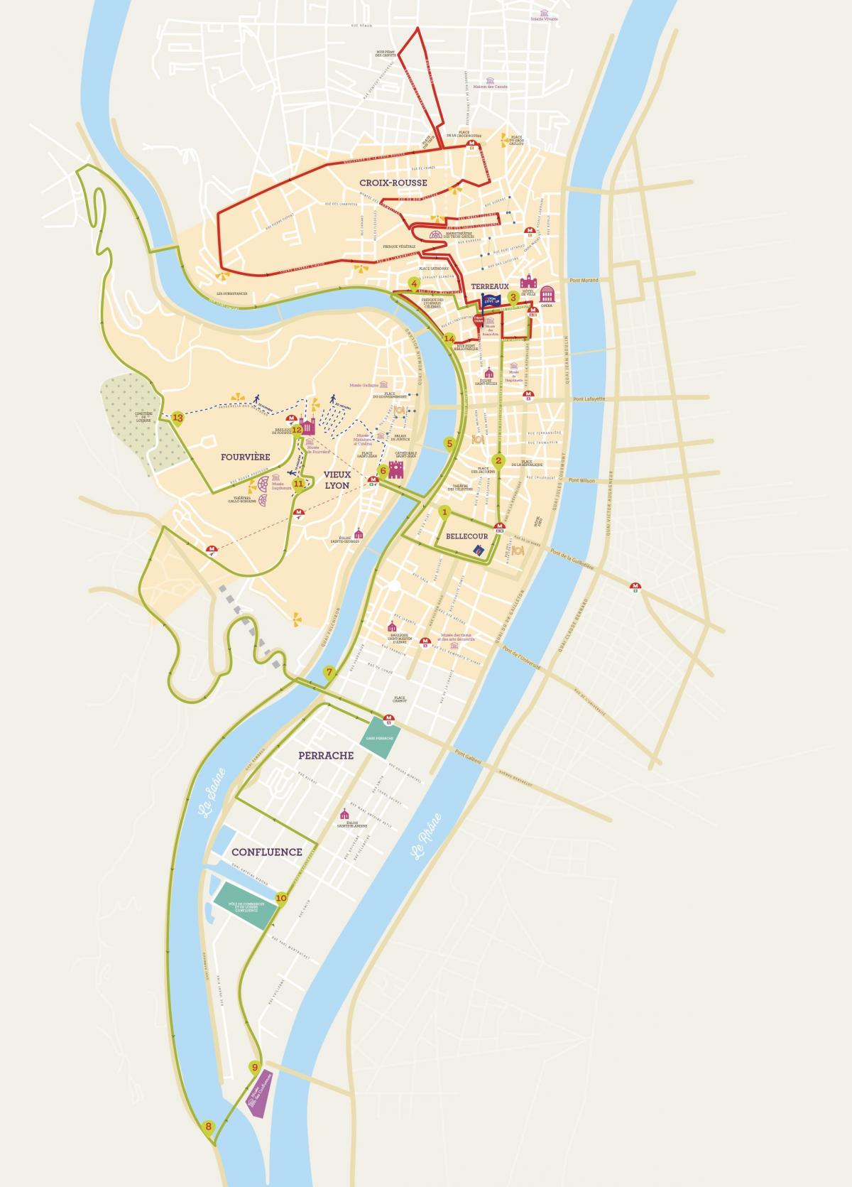 Mappa dei tour in autobus Hop On Hop Off di Lione